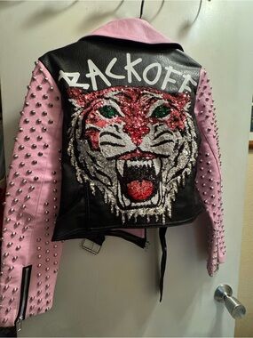 Studded Pink & Black Sequin Tiger Leather Jacket - Women